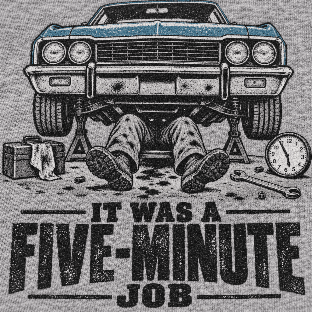 It Was a Five Minute Job classic car mechanic hoodie in sport grey (heather grey), print close-up – car-hd-0803
