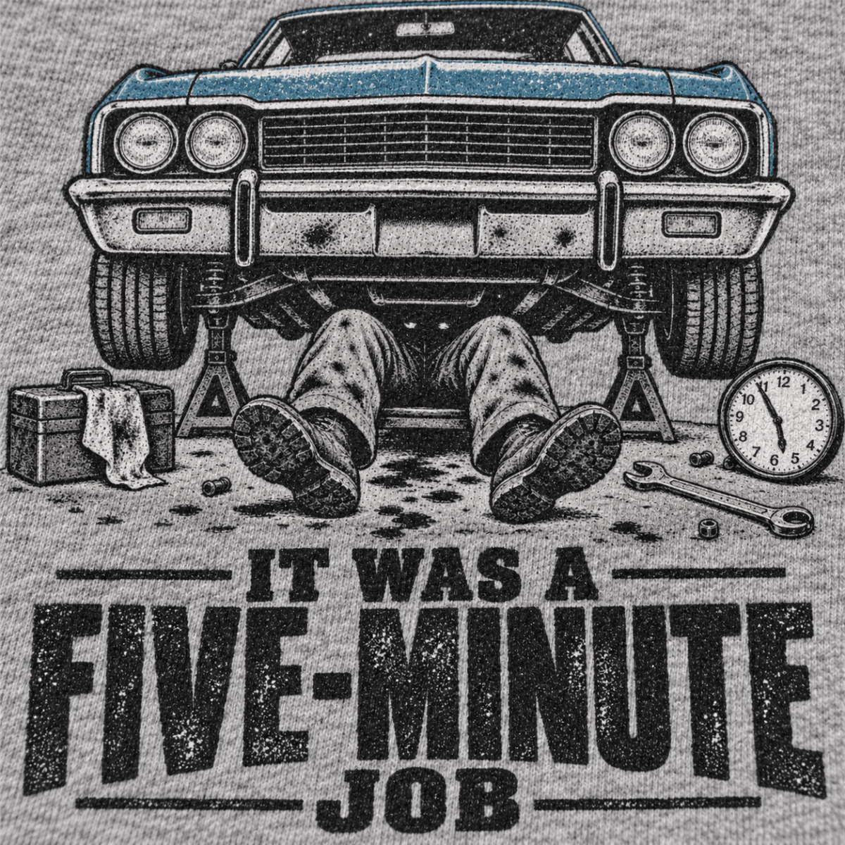 It Was a Five Minute Job classic car mechanic hoodie in sport grey (heather grey), print close-up – car-hd-0803