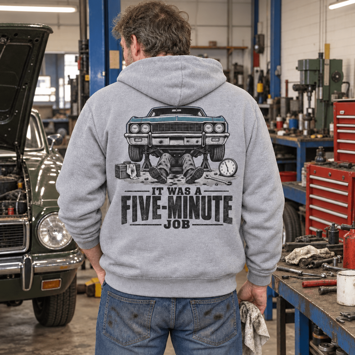 It Was a Five Minute Job classic car mechanic hoodie in sport grey (heather grey), model back – car-hd-0803
