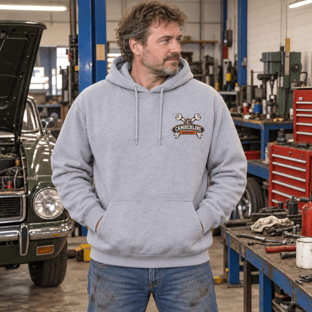 It Was a Five Minute Job classic car mechanic hoodie in sport grey (heather grey), model front – car-hd-0803