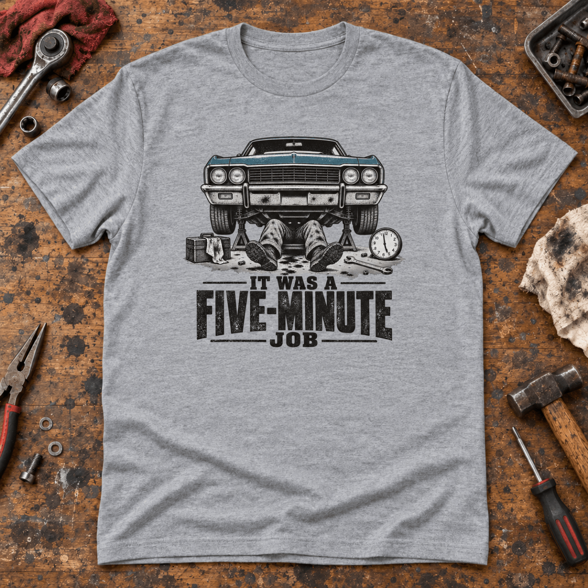 It Was a Five Minute Job classic car mechanic t-shirt in sport grey (heather grey), front workshop garment view – car-ts-0803