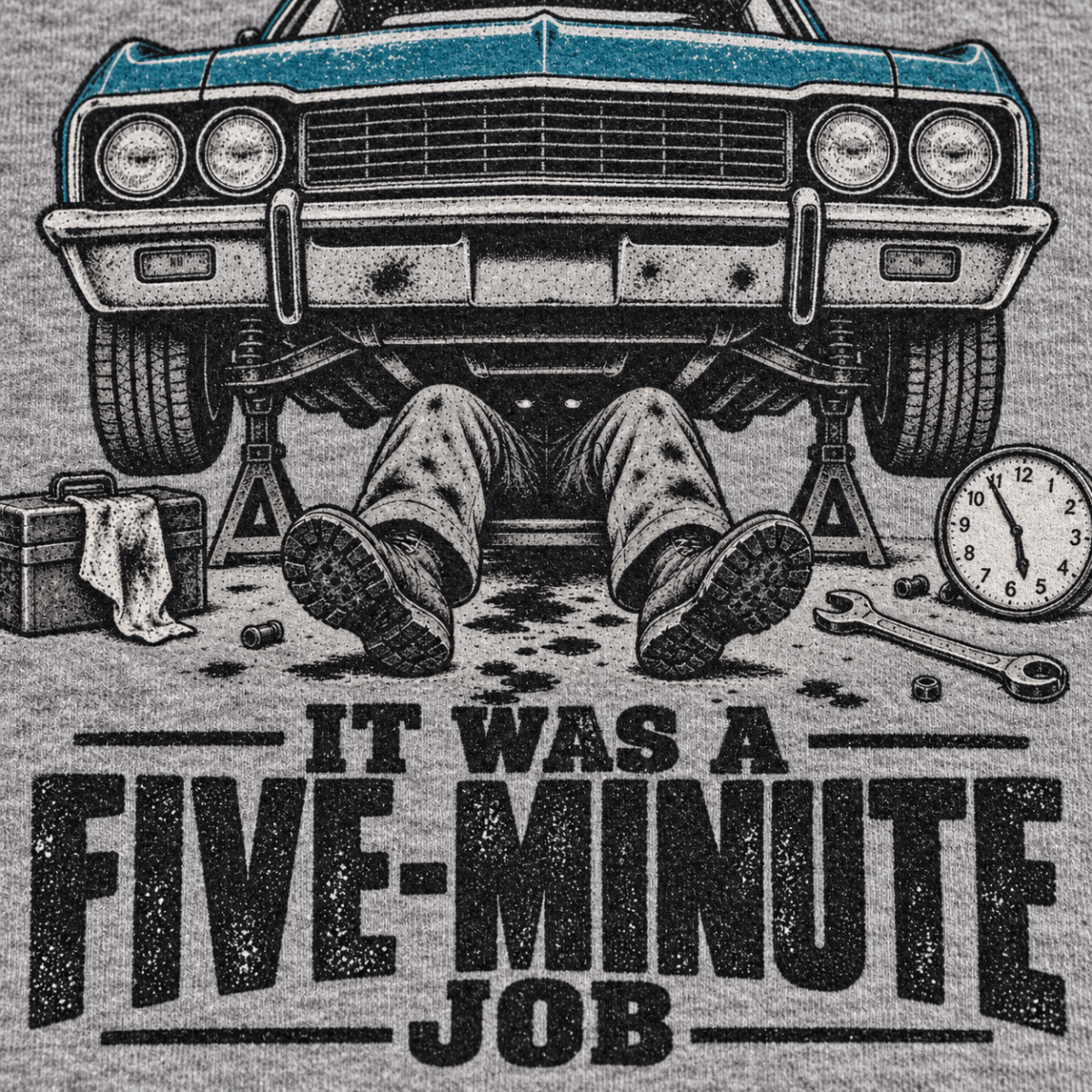It Was a Five Minute Job classic car mechanic t-shirt in sport grey (heather grey), print close-up – car-ts-0803