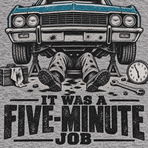 It Was a Five Minute Job classic car mechanic t-shirt in sport grey (heather grey), print close-up – car-ts-0803