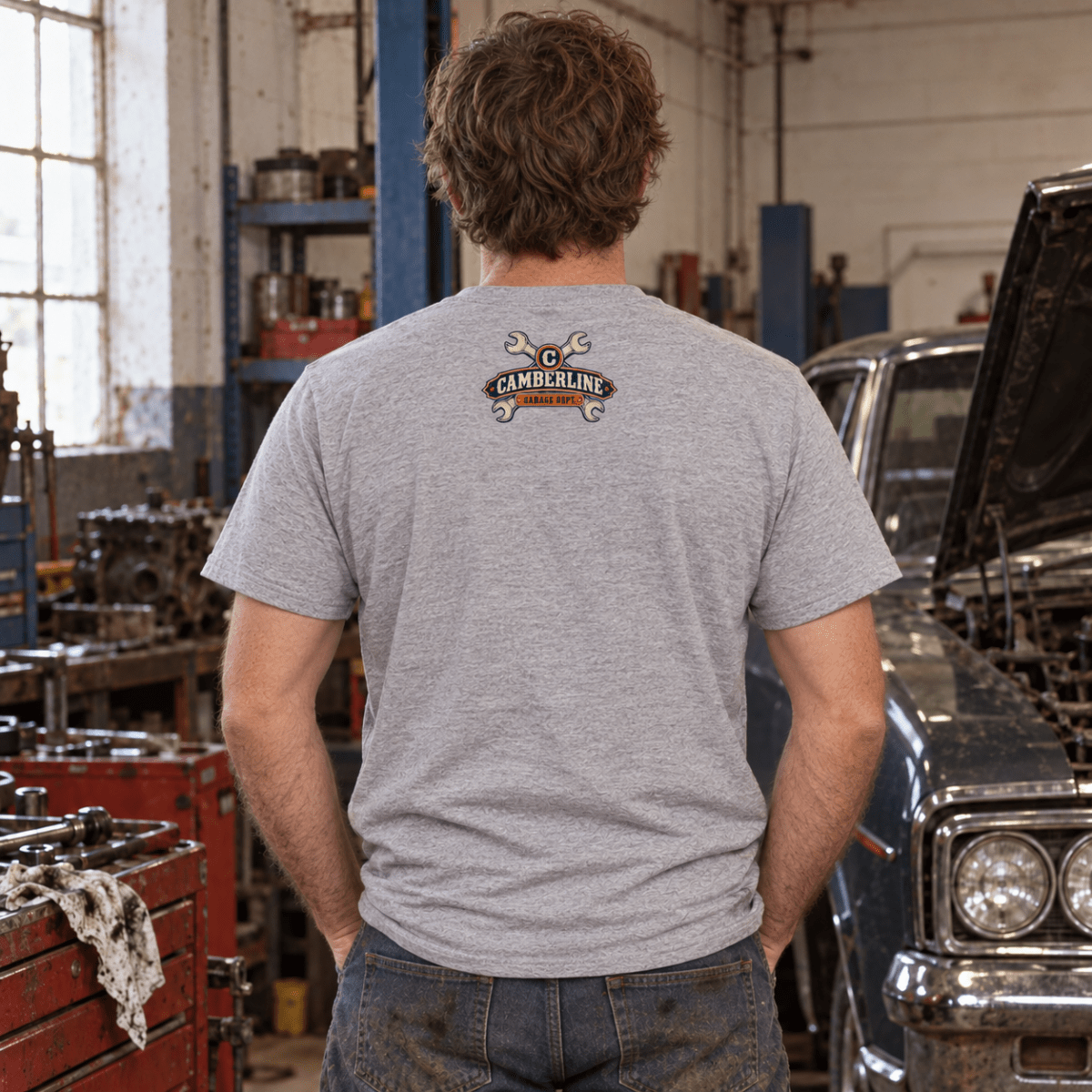 It Was a Five Minute Job classic car mechanic t-shirt in sport grey (heather grey), model back – car-ts-0803