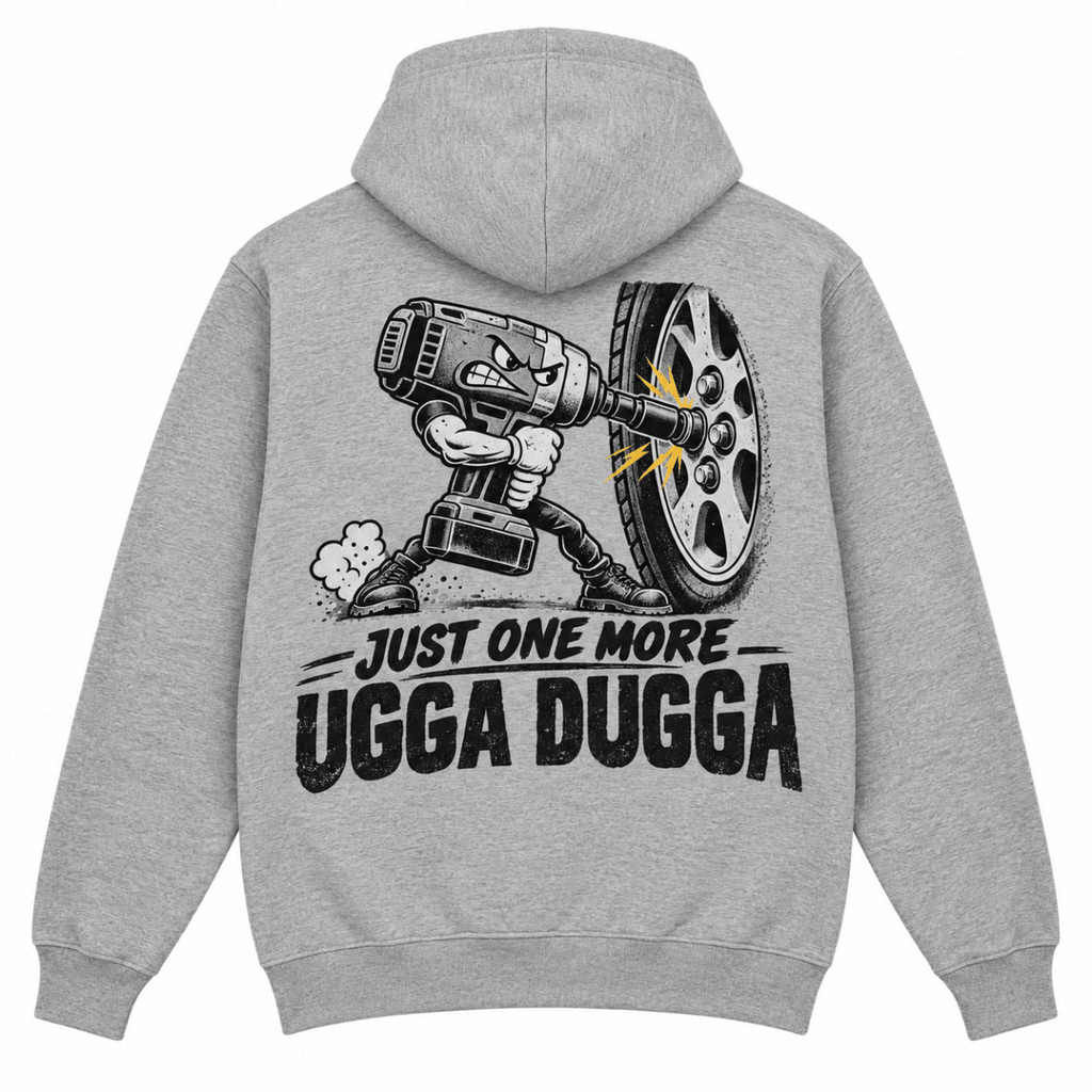 Just One More Ugga Dugga impact wrench mechanic hoodie in sport grey (heather grey), back garment view – car-hd-0802