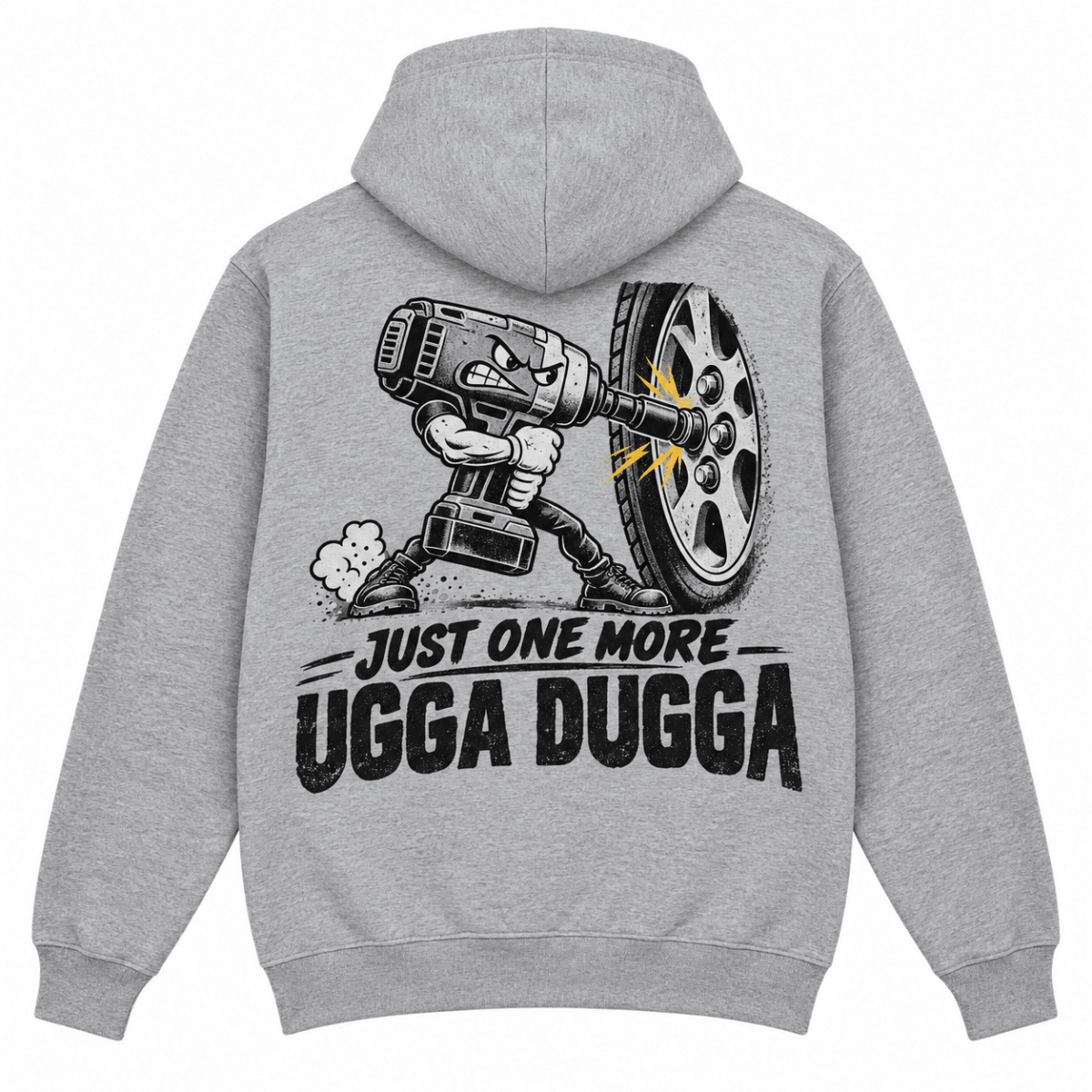Just One More Ugga Dugga impact wrench mechanic hoodie in sport grey (heather grey), back garment view – car-hd-0802
