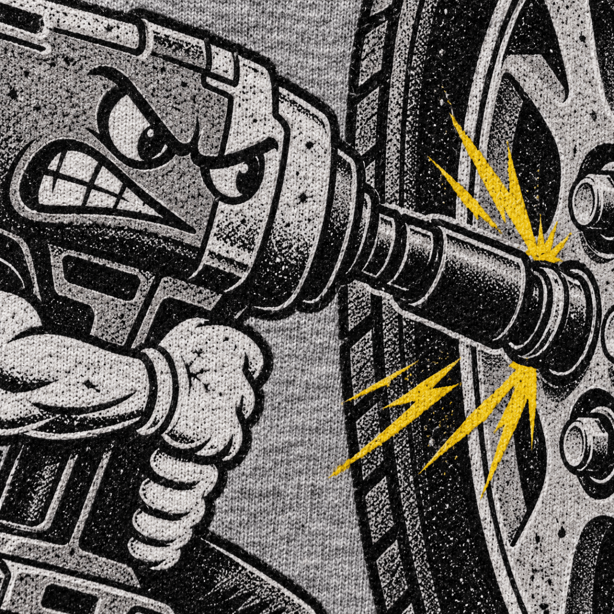 Just One More Ugga Dugga impact wrench mechanic hoodie in sport grey (heather grey), print close-up – car-hd-0802