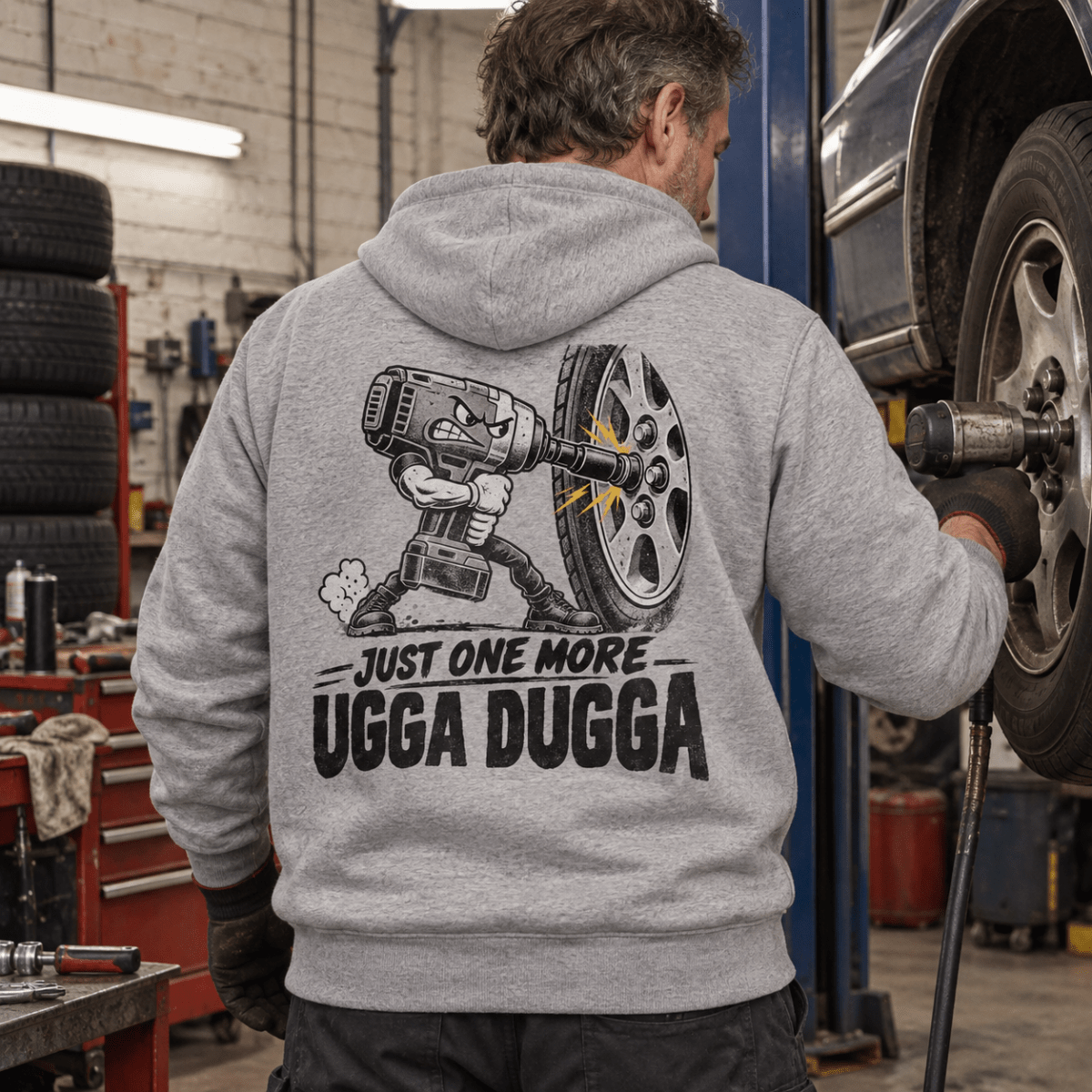 Just One More Ugga Dugga impact wrench mechanic hoodie in sport grey (heather grey), model back – car-hd-0802
