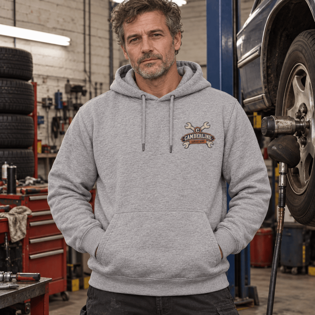Just One More Ugga Dugga impact wrench mechanic hoodie in sport grey (heather grey), model front – car-hd-0802