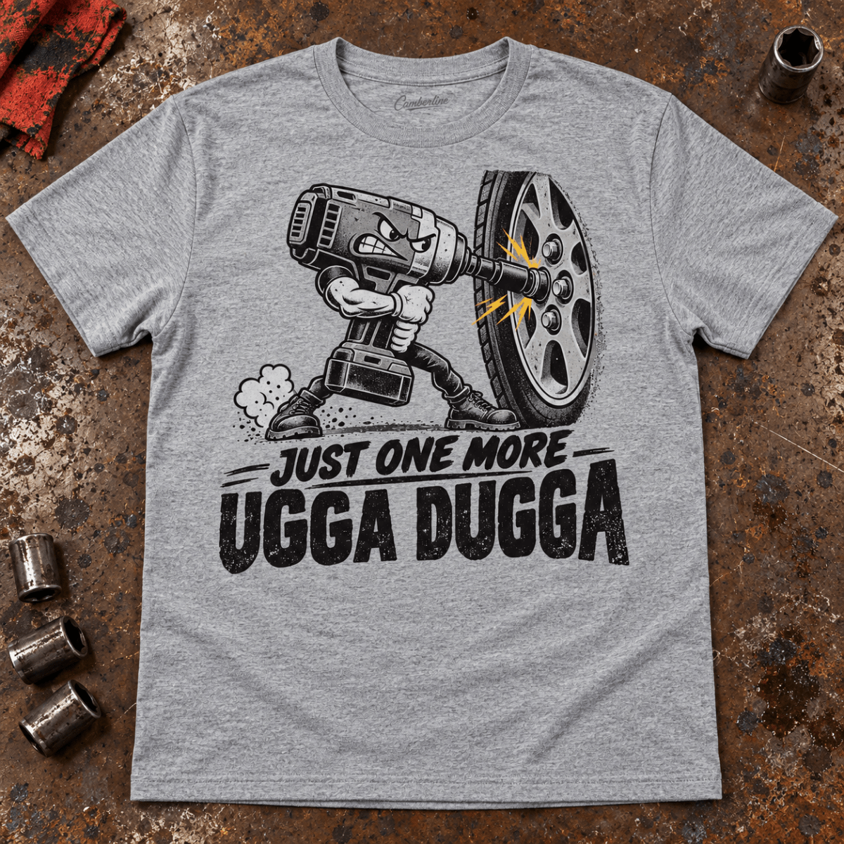 Just One More Ugga Dugga impact wrench mechanic t-shirt in sport grey (heather grey), front workshop garment view – car-ts-0802