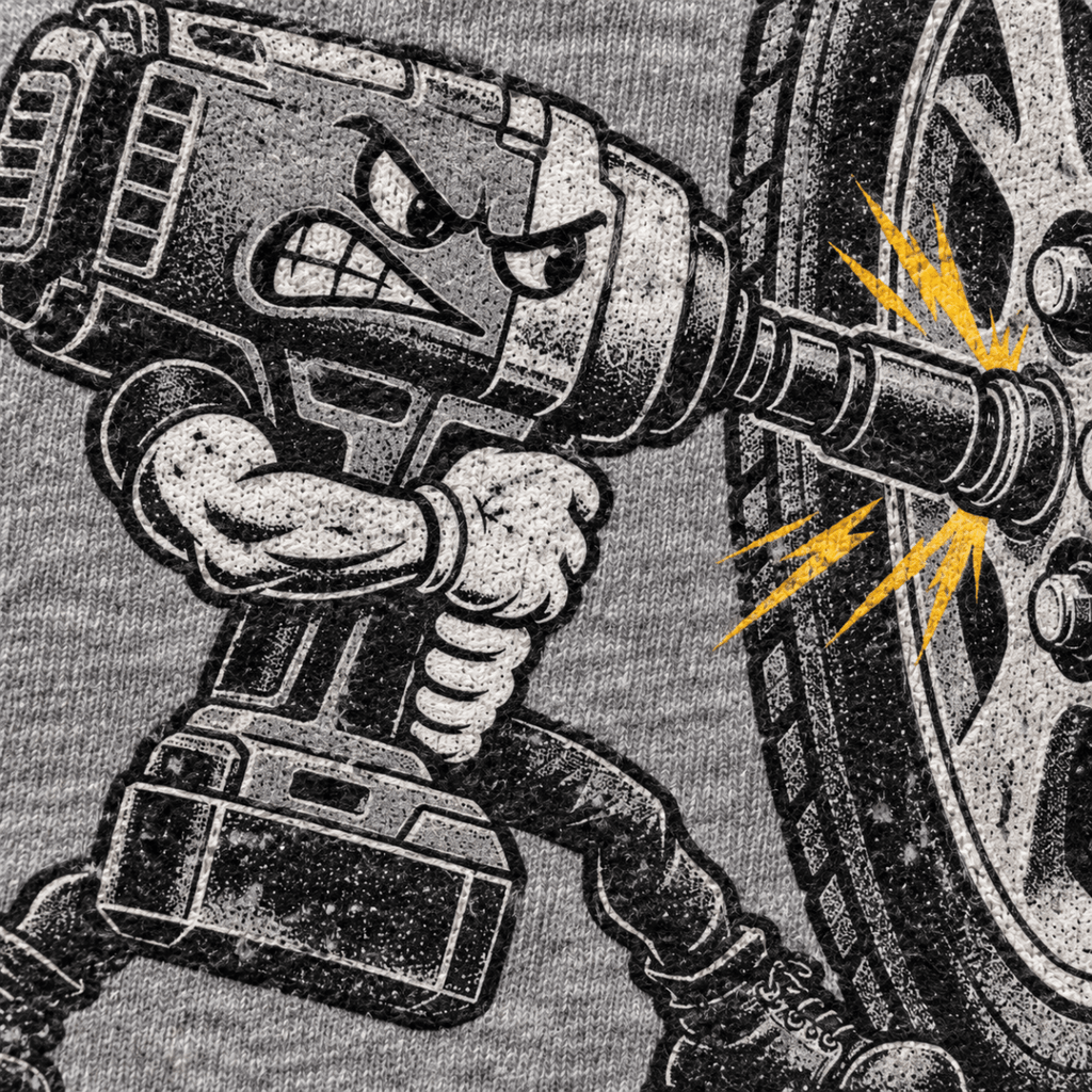 Just One More Ugga Dugga impact wrench mechanic t-shirt in sport grey (heather grey), print close-up – car-ts-0802