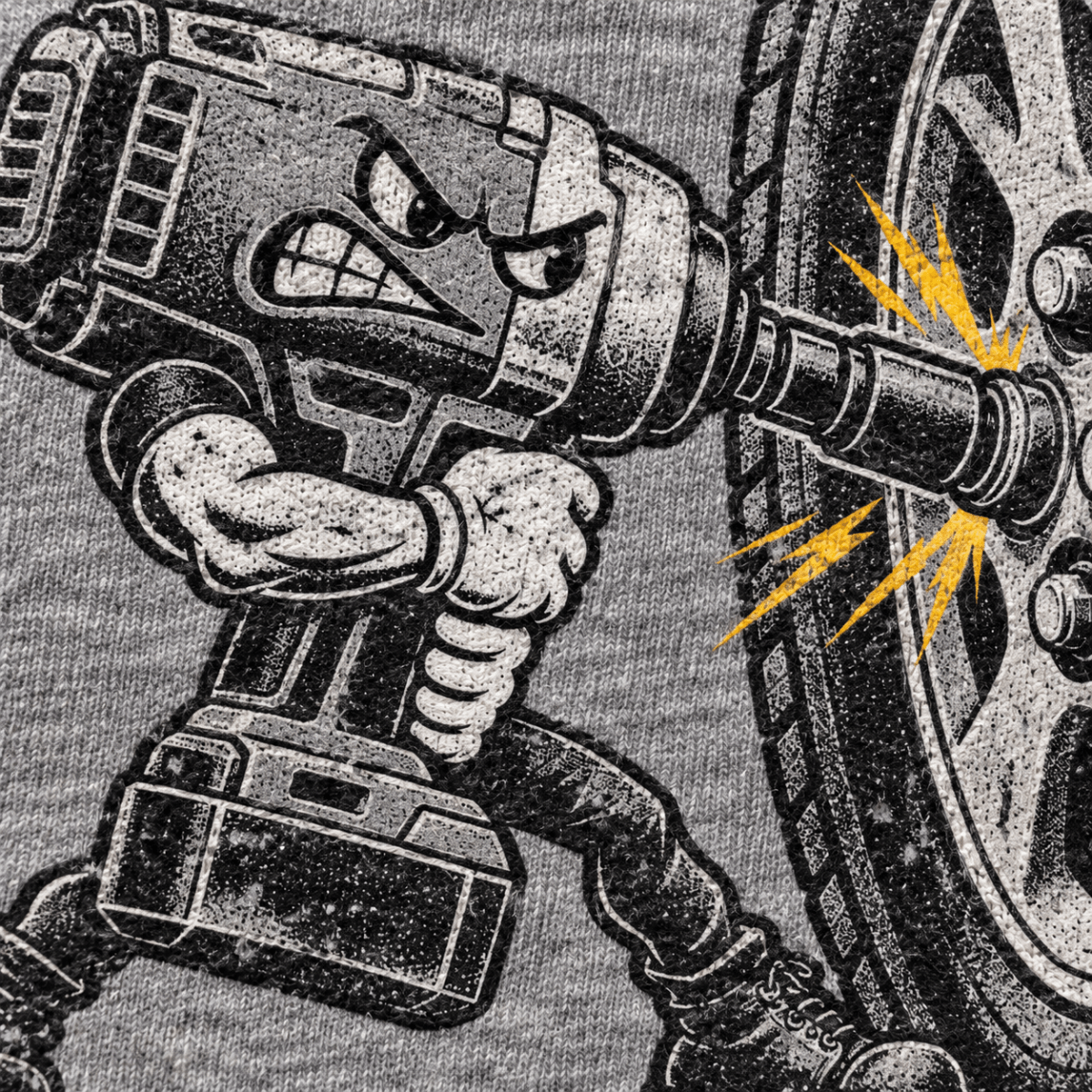 Just One More Ugga Dugga impact wrench mechanic t-shirt in sport grey (heather grey), print close-up – car-ts-0802