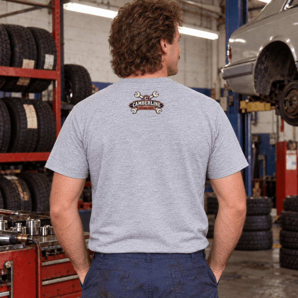 Just One More Ugga Dugga impact wrench mechanic t-shirt in sport grey (heather grey), model back – car-ts-0802