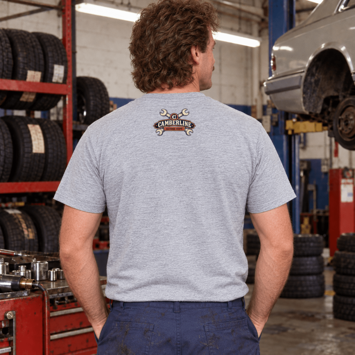Just One More Ugga Dugga impact wrench mechanic t-shirt in sport grey (heather grey), model back – car-ts-0802