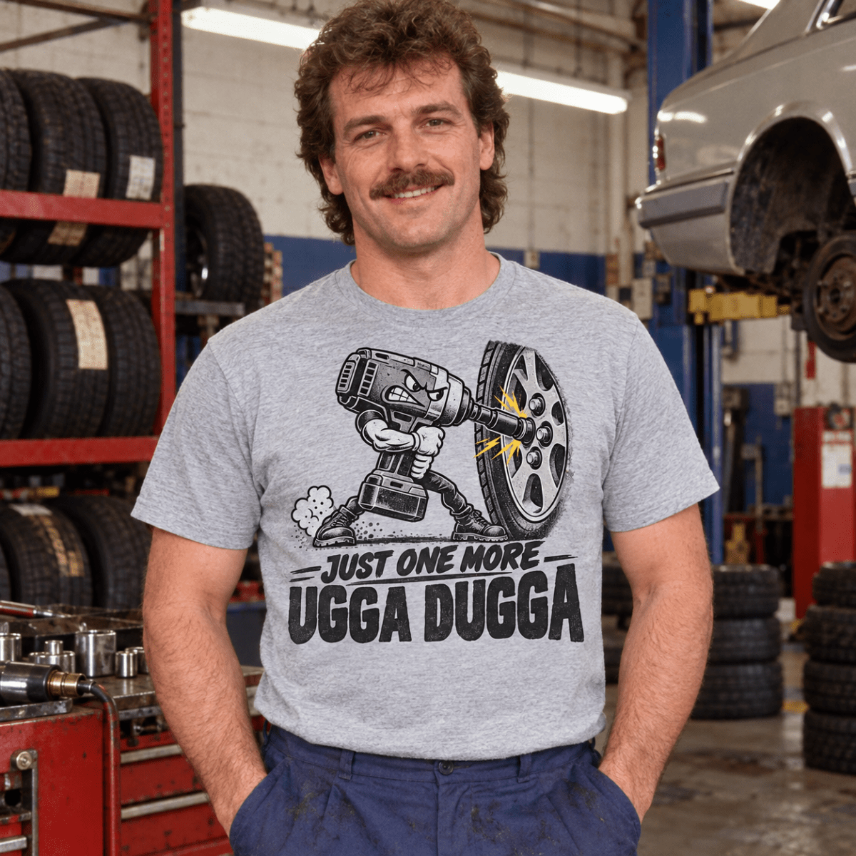 Just One More Ugga Dugga impact wrench mechanic t-shirt in sport grey (heather grey), model front – car-ts-0802
