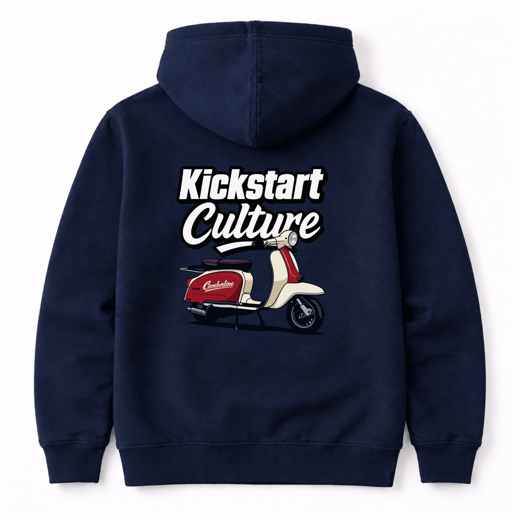 Navy blue hoodie with 'Kickstart Culture' text and scooter graphic on a white background