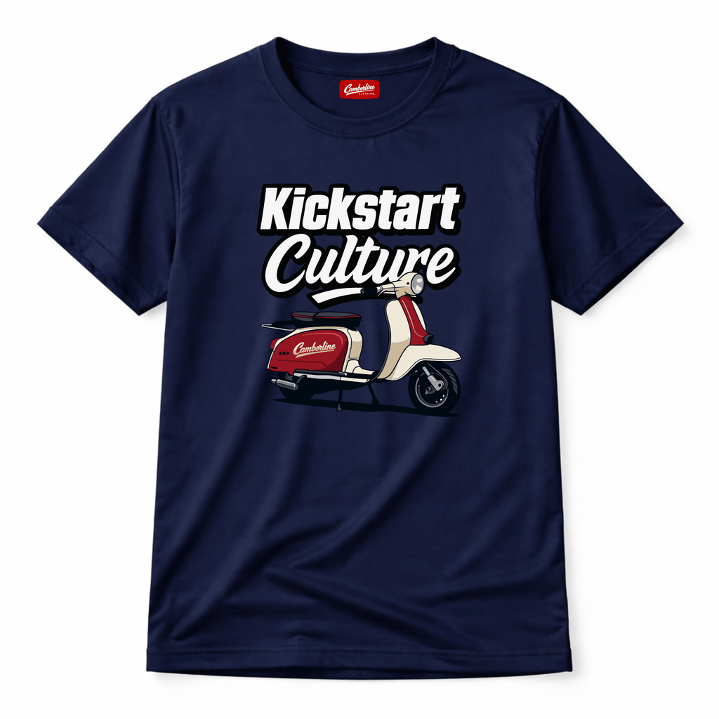 Navy blue t-shirt with 'Kickstart Culture' graphic and scooter illustration on a white background