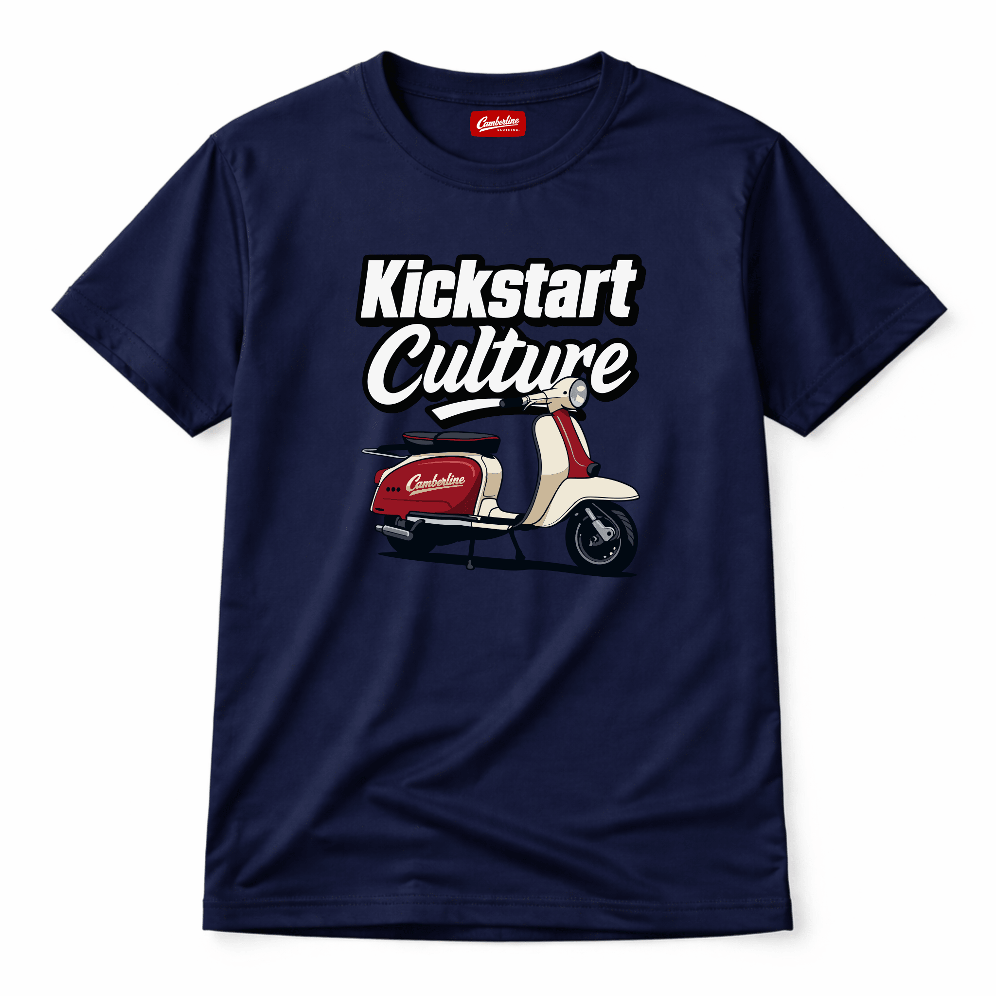 Navy blue t-shirt with 'Kickstart Culture' graphic and scooter illustration on a white background