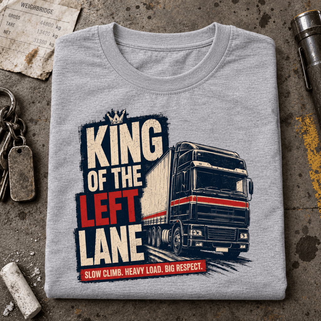 Grey King of the Left Lane lorry T-shirt folded beside a weighbridge desk