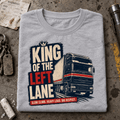 Grey King of the Left Lane lorry T-shirt folded beside a weighbridge desk