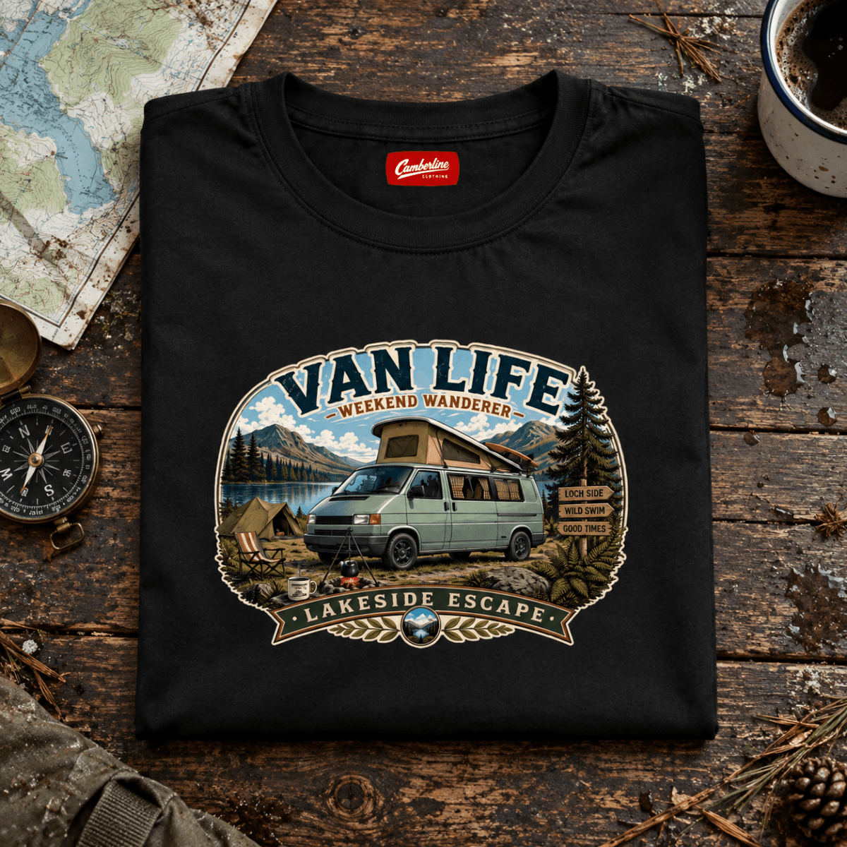 Lakeside Escape black Van Life T-shirt folded front hero