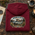 Lakeside Escape burgundy Van Life hoodie folded back hero