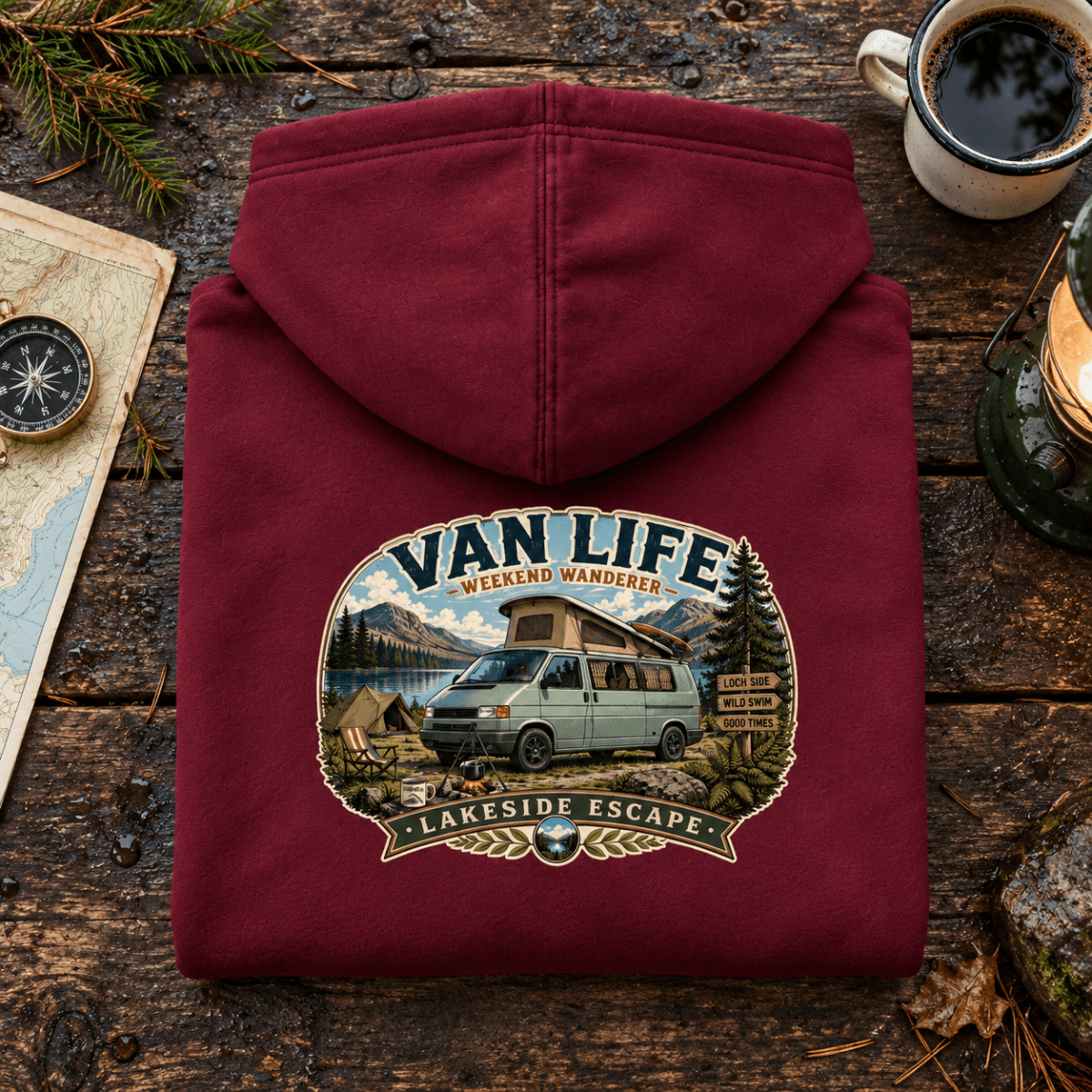 Lakeside Escape burgundy Van Life hoodie folded back hero