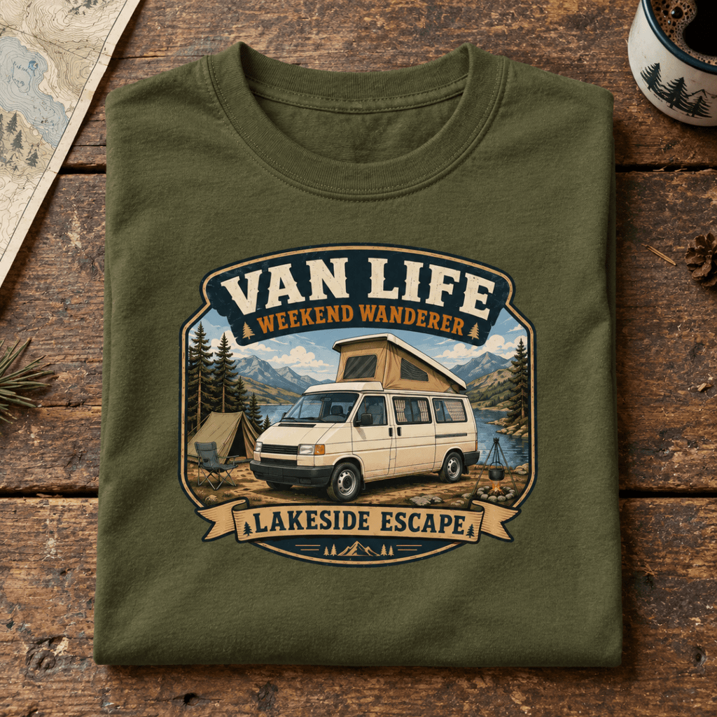 Folded khaki Lakeside Escape pop-top camper van life T-shirt, front graphic product hero