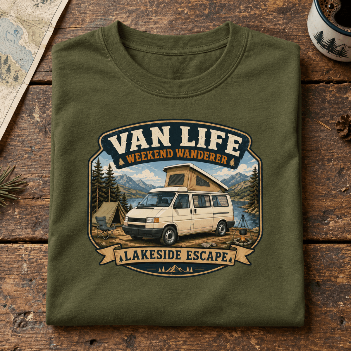 Folded khaki Lakeside Escape pop-top camper van life T-shirt, front graphic product hero