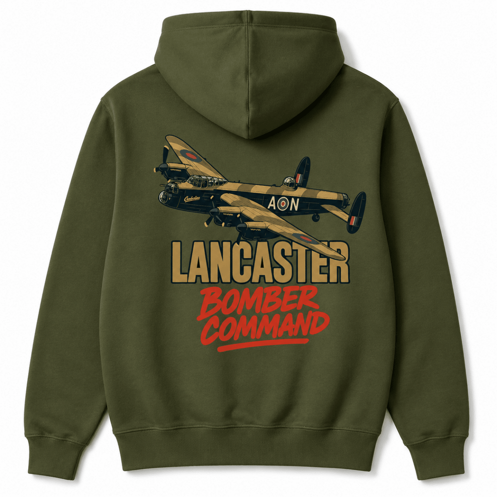 An olive green pullover hoodie shown from the back, featuring a graphic print of a vintage Lancaster bomber aircraft in camouflage, with 'LANCASTER' in beige and 'BOMBER COMMAND' in red text.