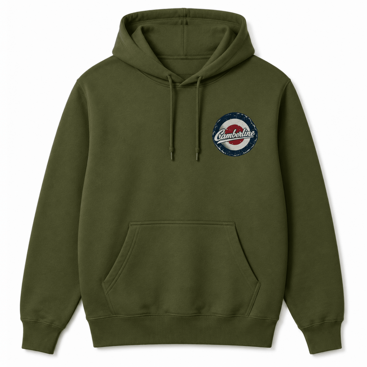 An olive green pullover hoodie with a drawstring hood, kangaroo pocket, and a circular vintage-style 'Cambridge' logo patch on the left chest, shown against a plain white background.