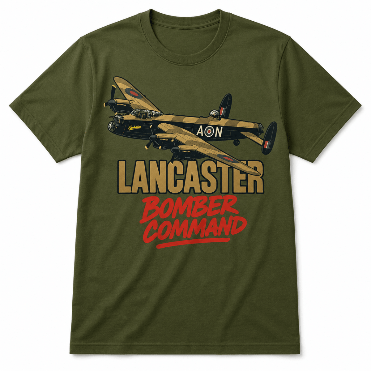 An olive green short-sleeve t-shirt featuring a graphic of a vintage Lancaster bomber aircraft with the text 'LANCASTER BOMBER COMMAND' printed on the front.