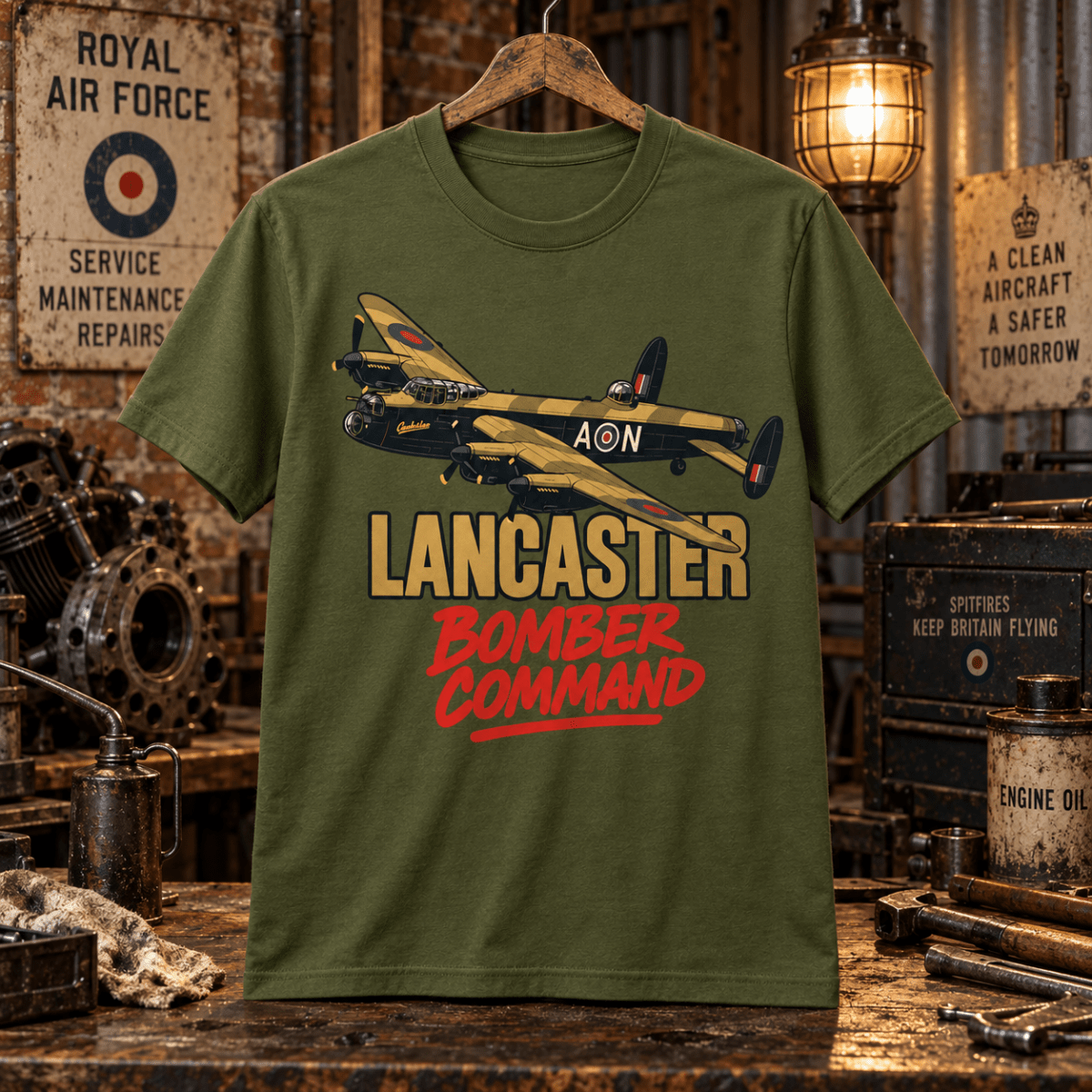Lancaster Bomber Command military green T-shirt in a gritty RAF workshop