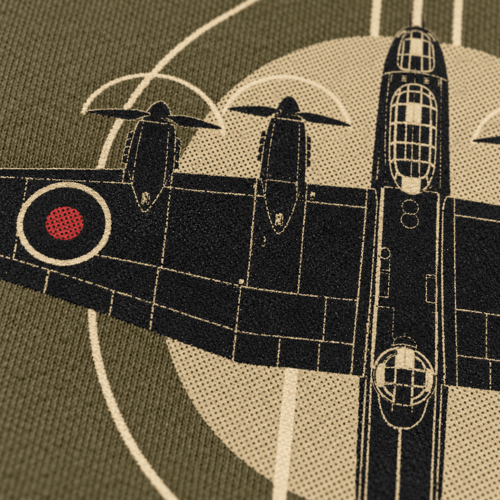 Lancaster Bomber Top View hoodie in Military Green, close-up of the halftone artwork