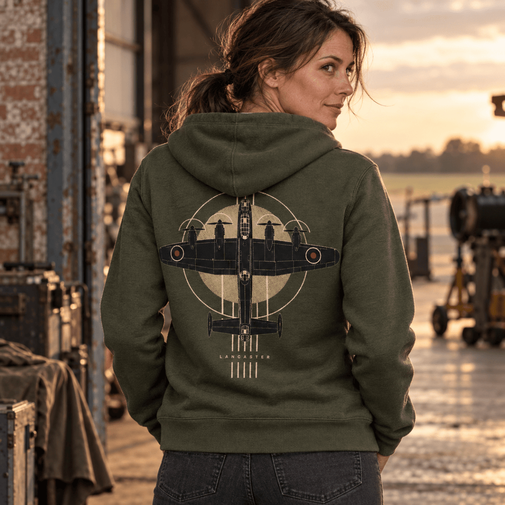 Lancaster Bomber Top View hoodie in Military Green, back view worn by a model