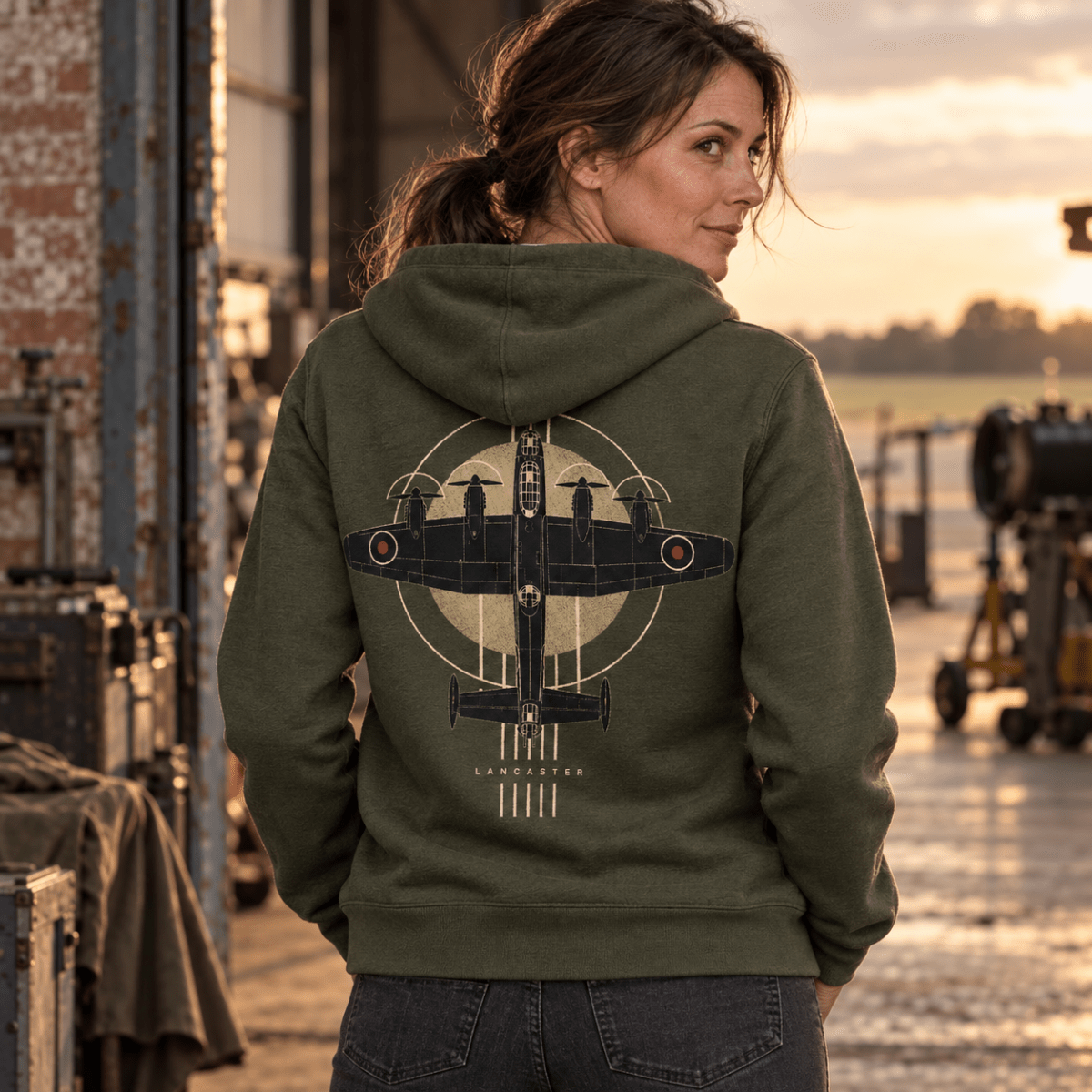 Lancaster Bomber Top View hoodie in Military Green, back view worn by a model