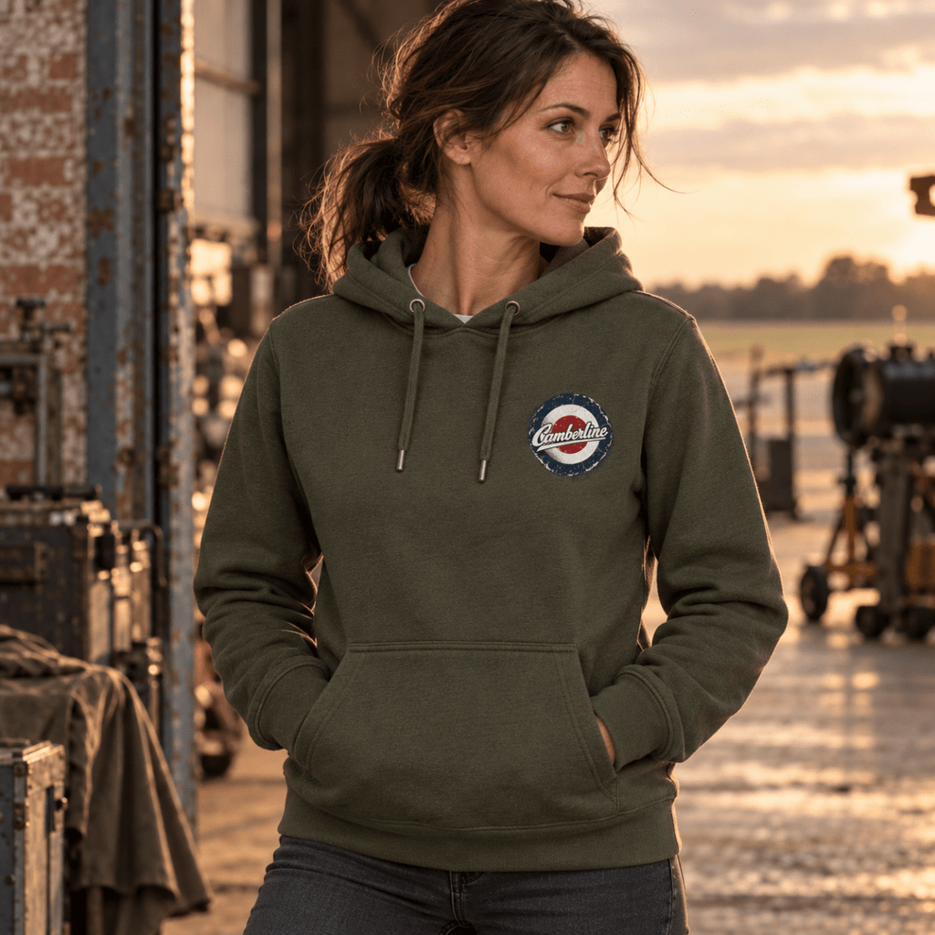 Lancaster Bomber Top View hoodie in Military Green, front view worn by a model