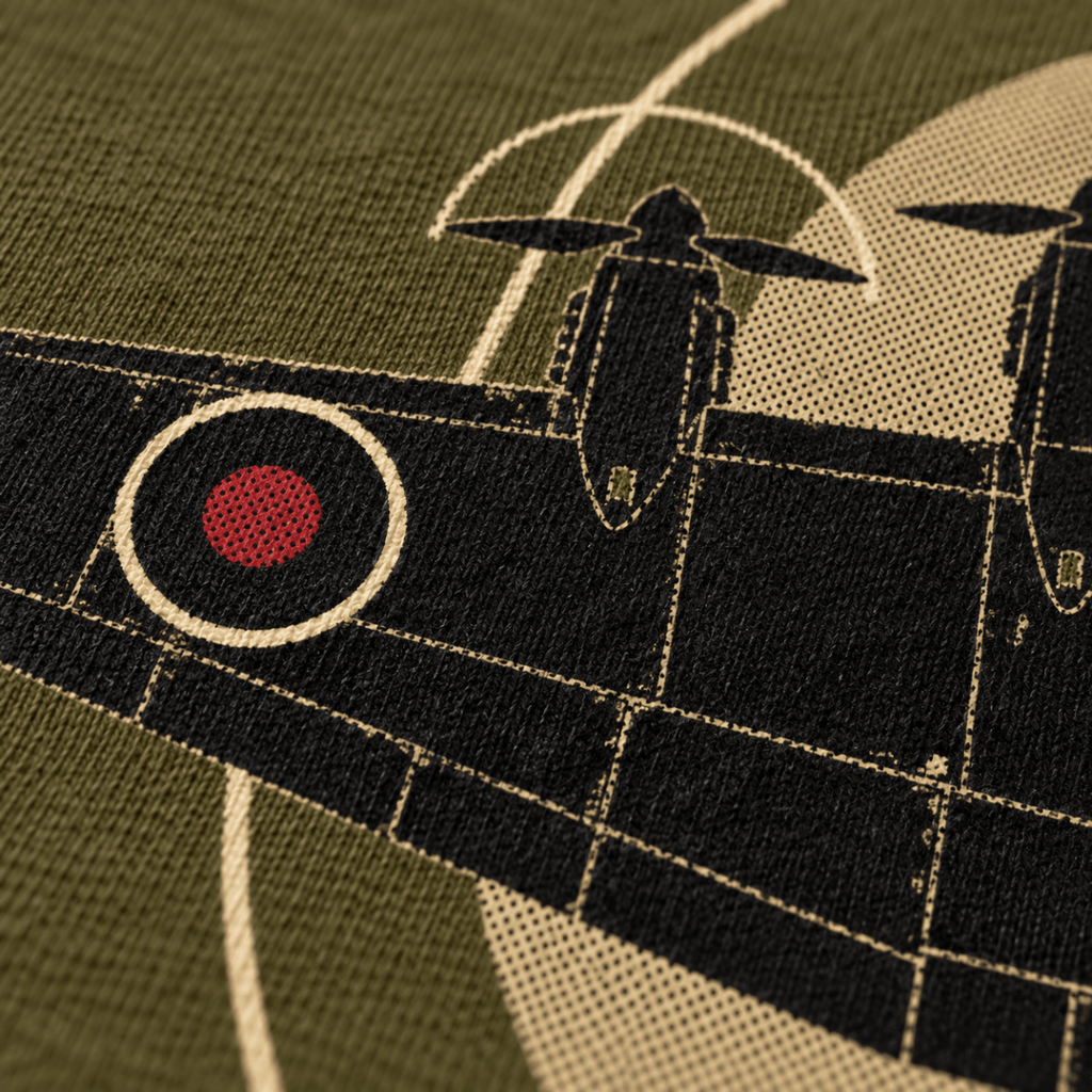 Lancaster Bomber Top View t-shirt in Military Green, close-up of the halftone artwork