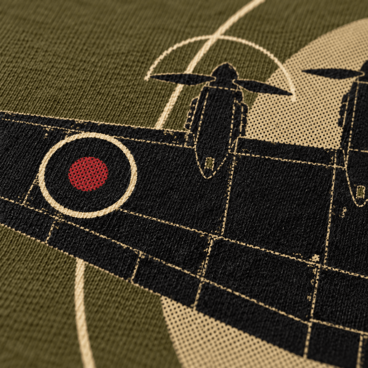 Lancaster Bomber Top View t-shirt in Military Green, close-up of the halftone artwork