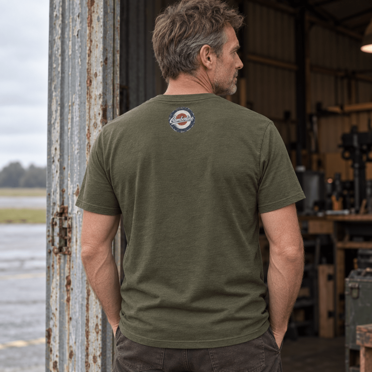 Lancaster Bomber Top View t-shirt in Military Green, back view worn by a model