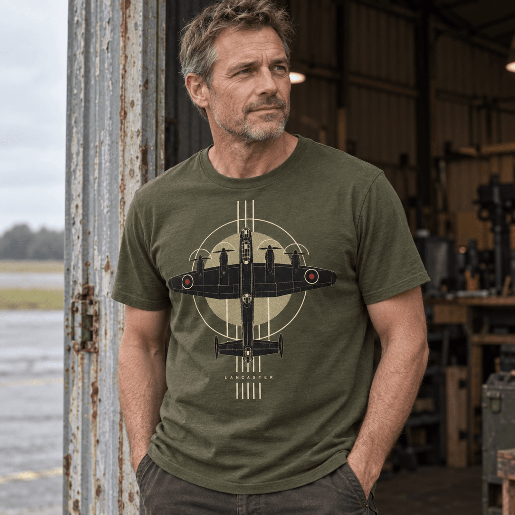 Lancaster Bomber Top View t-shirt in Military Green, front view worn by a model