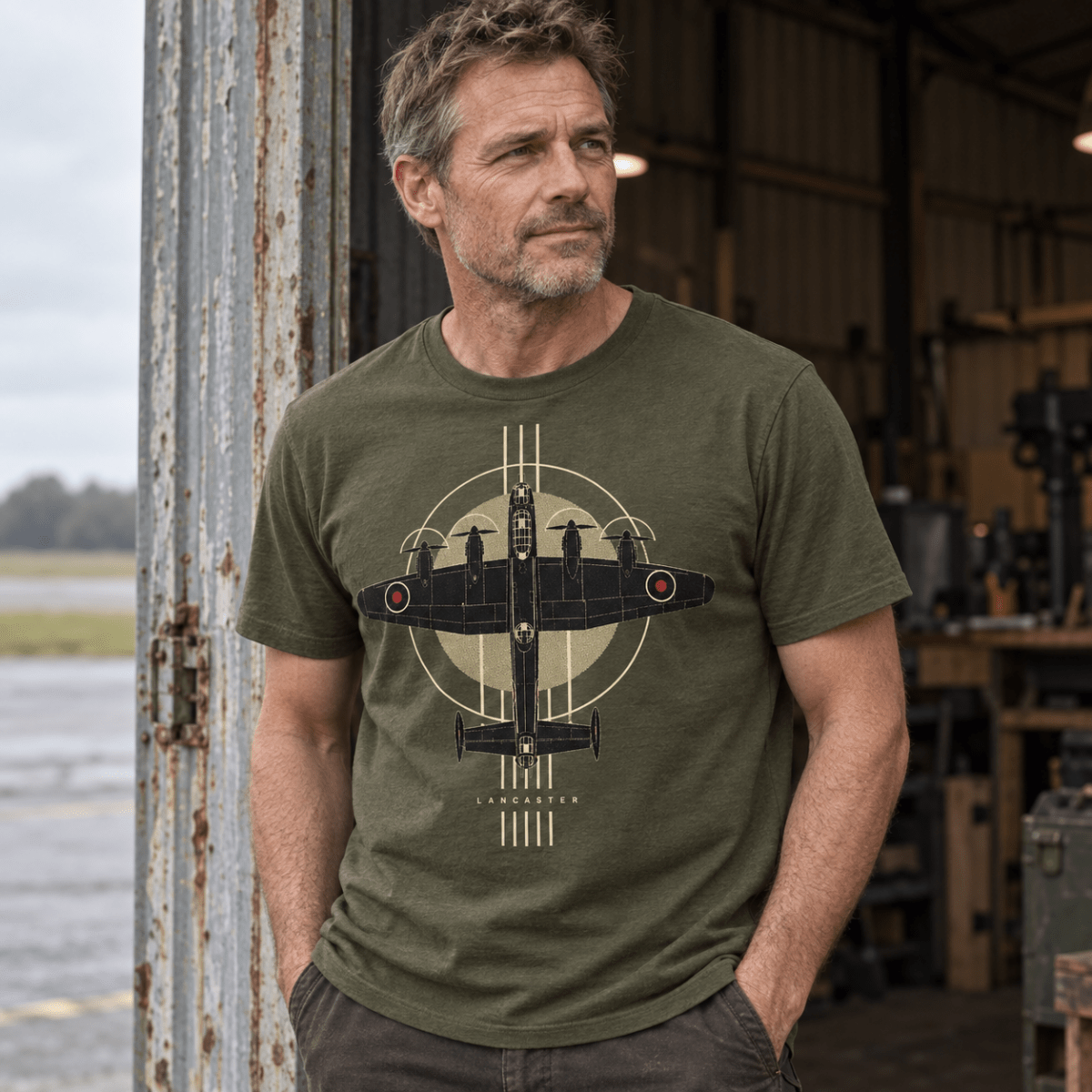 Lancaster Bomber Top View t-shirt in Military Green, front view worn by a model