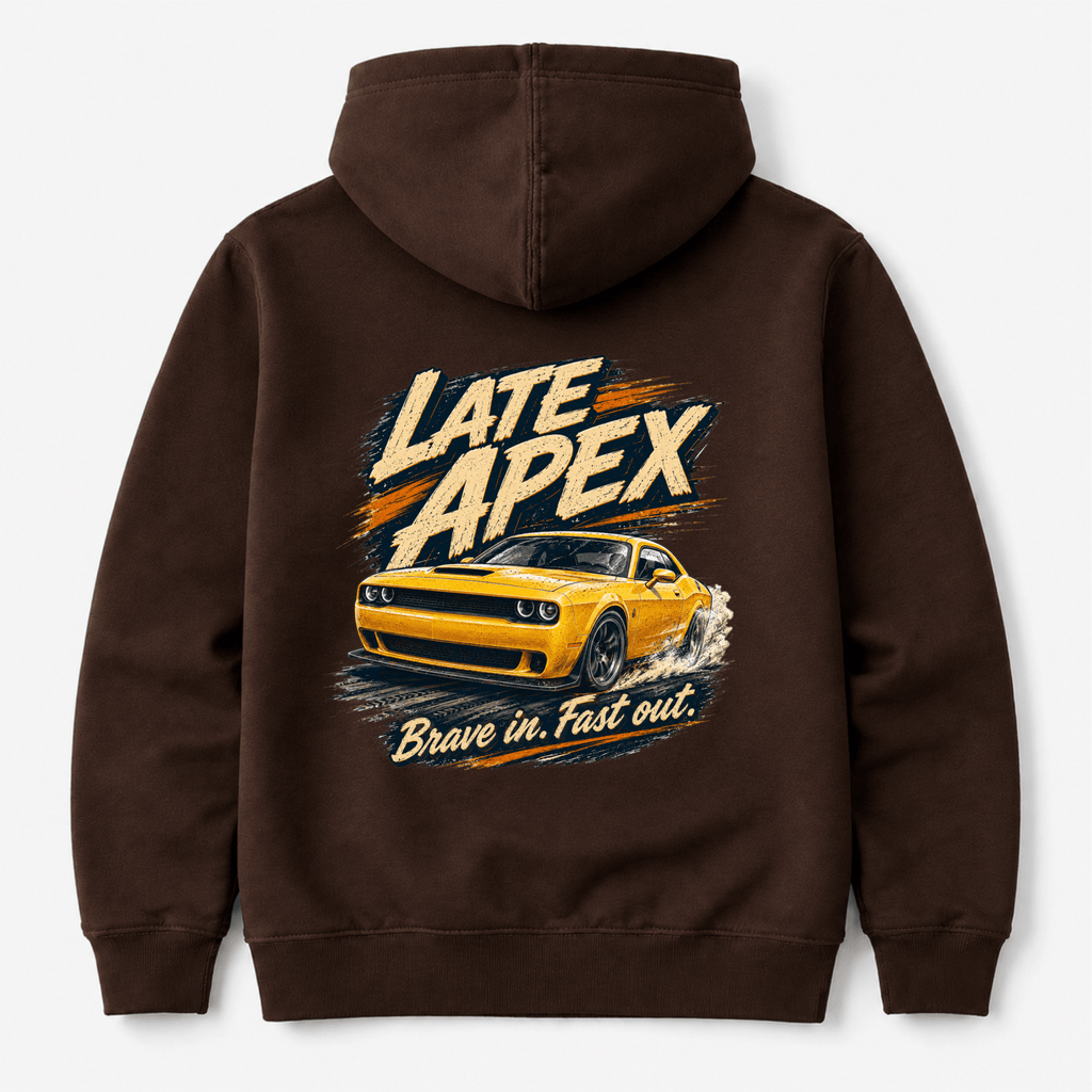 Camberline Cars Late Apex Muscle Car Hoodie in Hot Chocolate showing back graphic