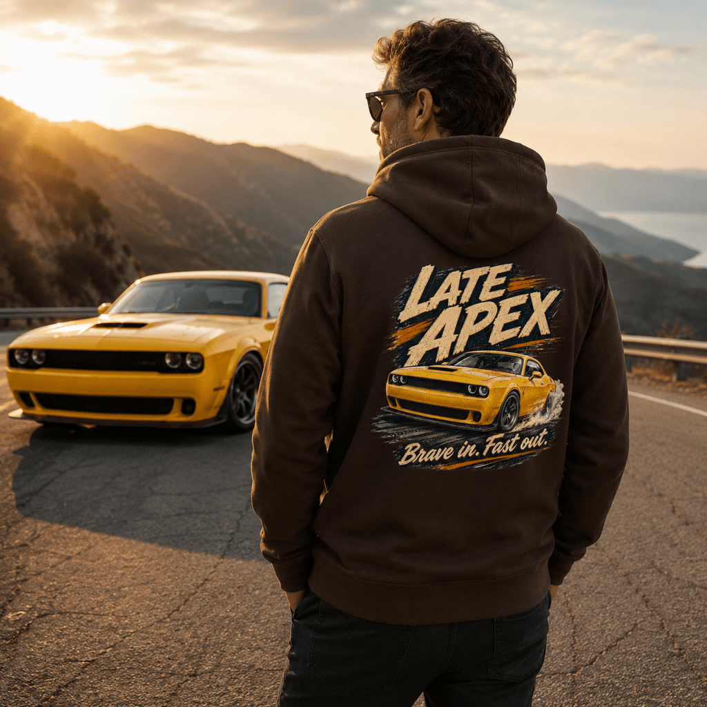 Model wearing Camberline Cars Late Apex Muscle Car Hoodie in Hot Chocolate, styled for car and 4x4 culture