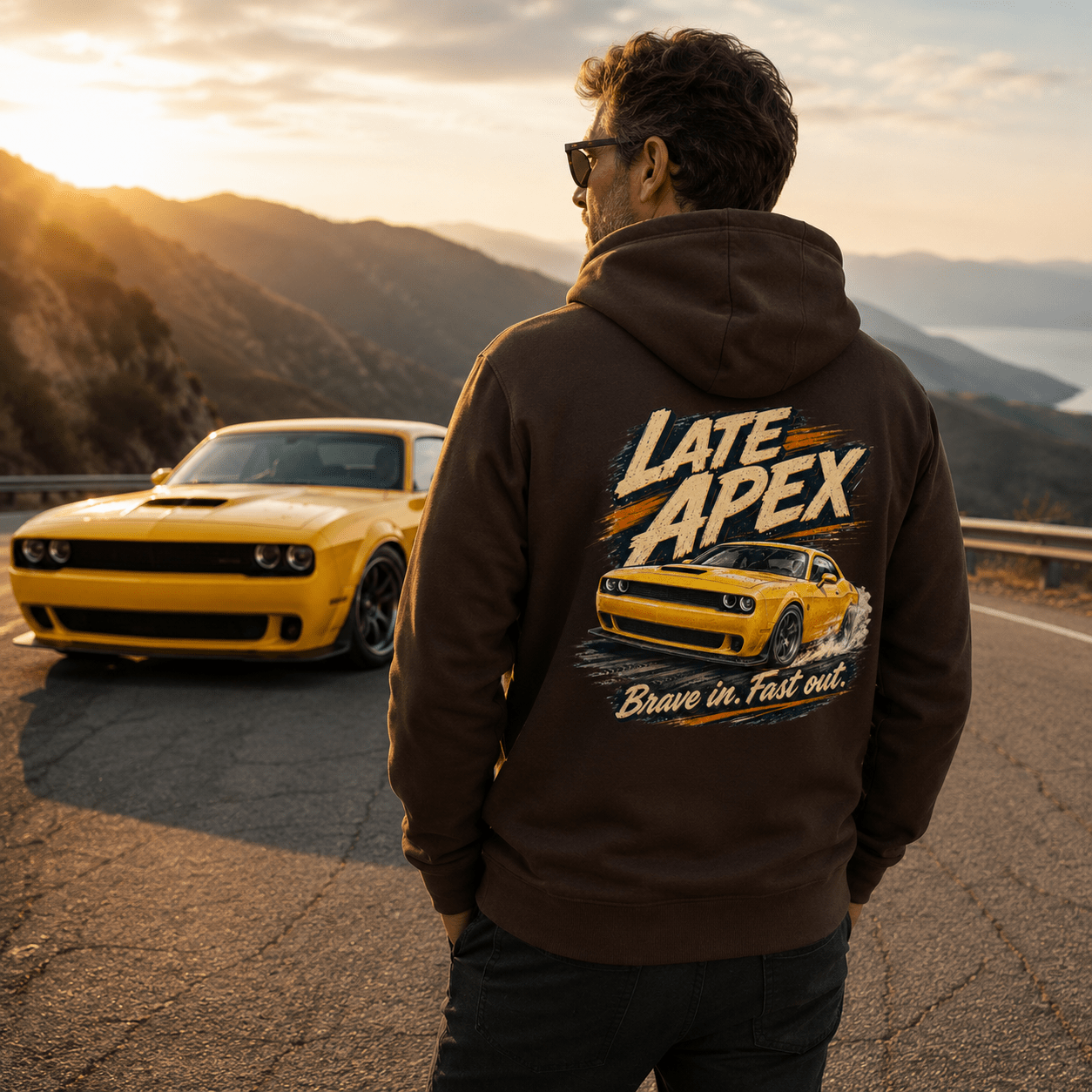 Model wearing Camberline Cars Late Apex Muscle Car Hoodie in Hot Chocolate, styled for car and 4x4 culture