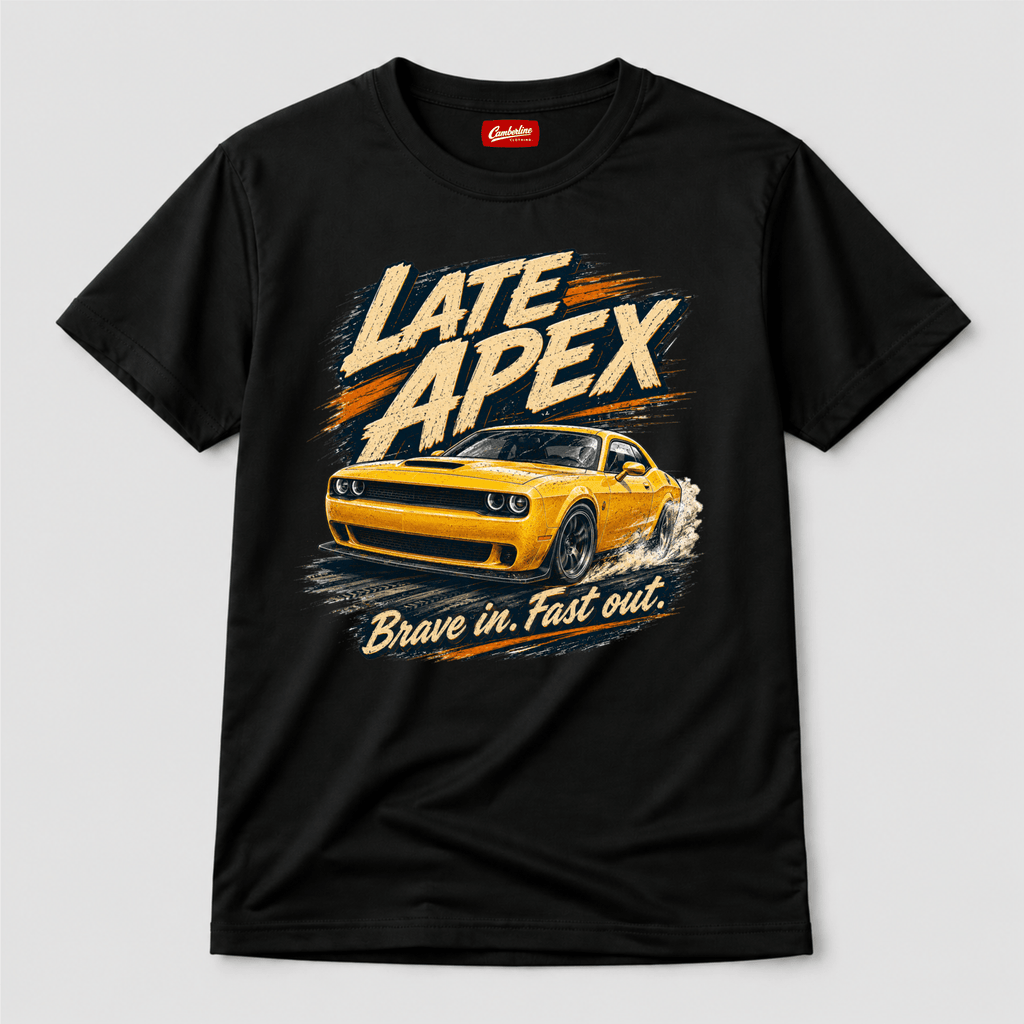 Camberline Cars Late Apex Muscle Car T-Shirt in Black showing front graphic
