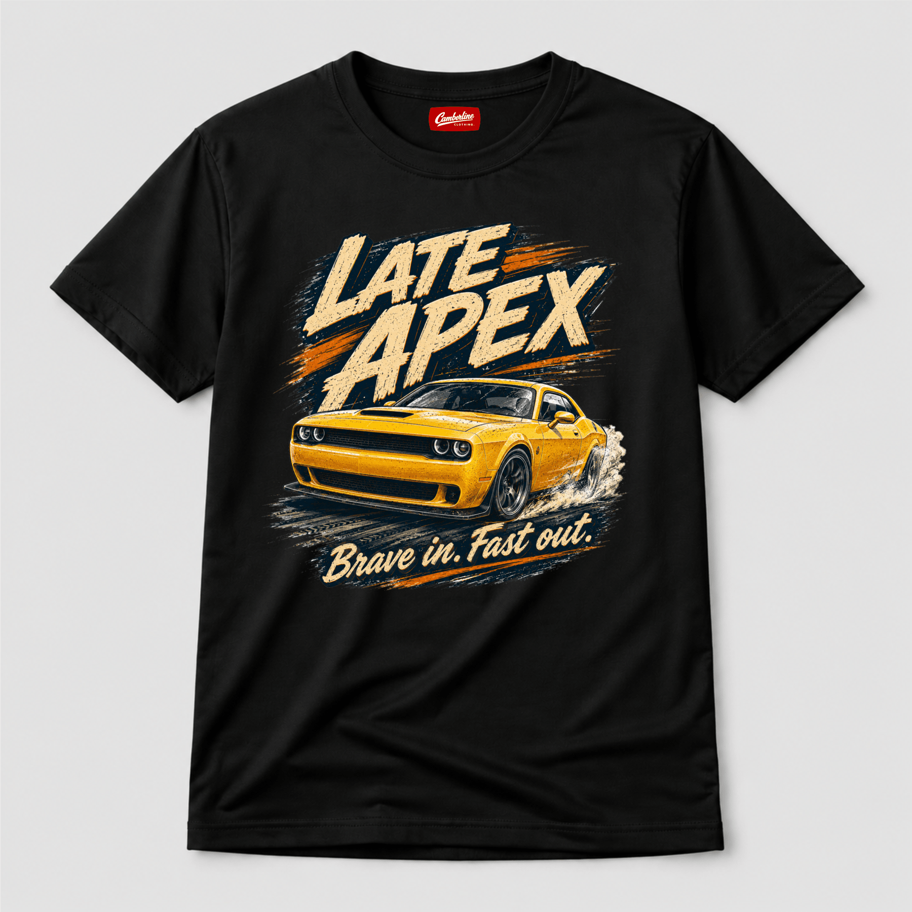 Camberline Cars Late Apex Muscle Car T-Shirt in Black showing front graphic
