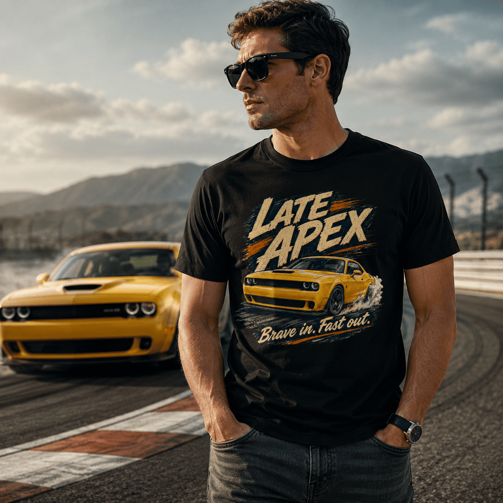 Model wearing Camberline Cars Late Apex Muscle Car T-Shirt in Black, styled for car and 4x4 culture