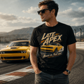 Model wearing Camberline Cars Late Apex Muscle Car T-Shirt in Black, styled for car and 4x4 culture