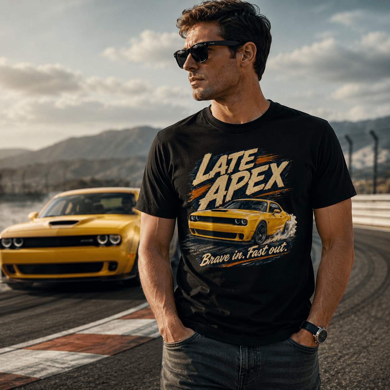 Model wearing Camberline Cars Late Apex Muscle Car T-Shirt in Black, styled for car and 4x4 culture